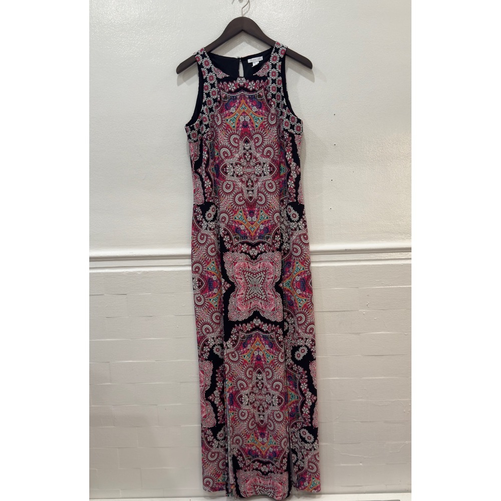 London Times Maxi Dress Womens 12 Black Pink Paisley Sleeveless Slit Excellent